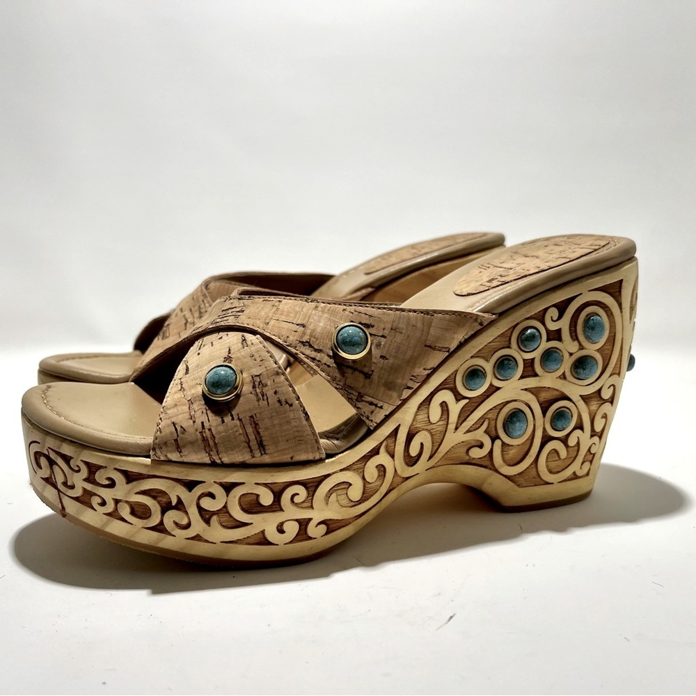Stuart Weitzman Tan Wedges with Blue Accents